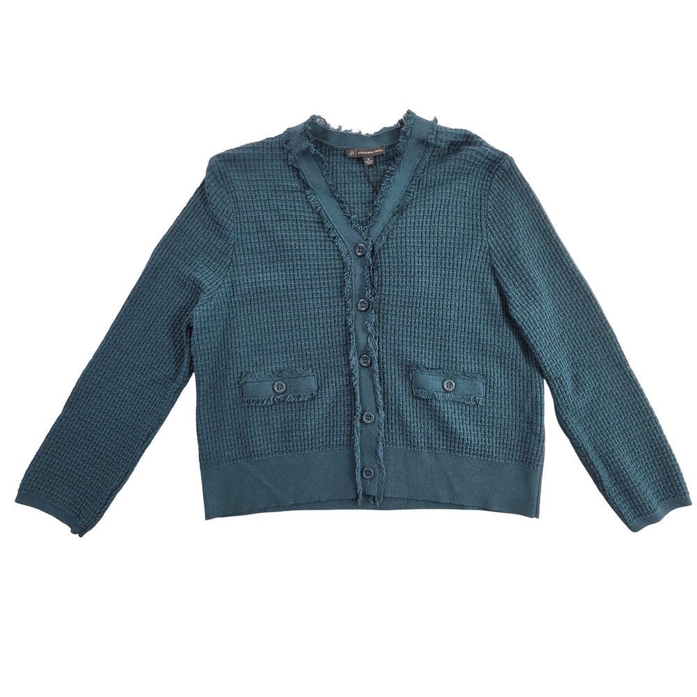 Adrianna Papell Teal Blue Waffle Knit Fringe Trim Cardigan Sweater Size M NWT